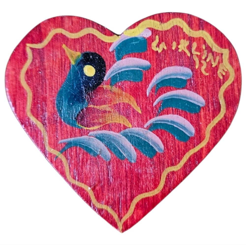 Vintage Folk Art Bird Design Handpainted Cottagecore Heart Red Wooden Pin Brooch